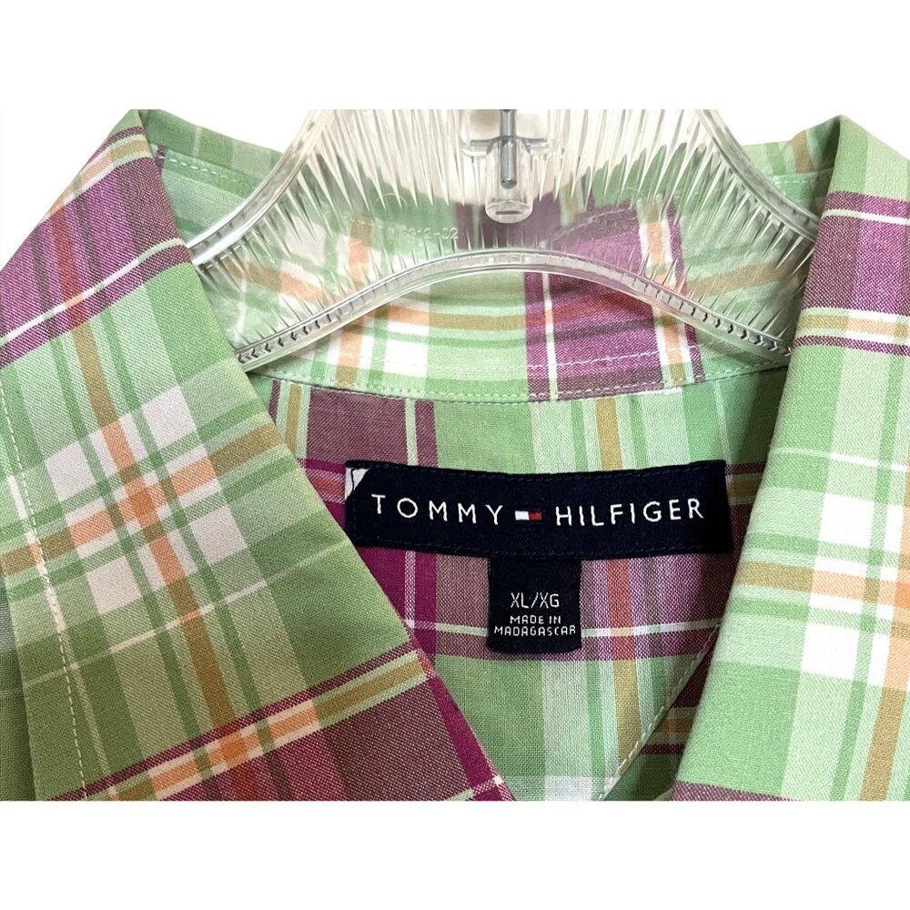 Tommy Hilfiger Mens Plaid Short Sleeve Button-Up Shirt XL Green & Purple Cotton - Picture 3 of 9
